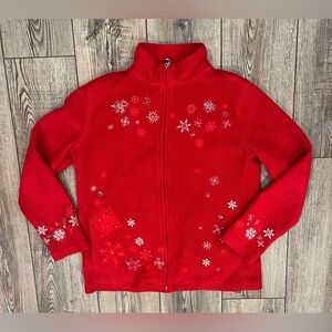 BonWorth Red Fleece Jacket Snowflake Embellished Embroidered Beaded Zip-Up XS